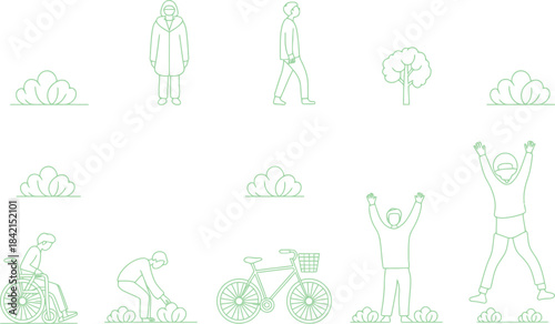 Diverse people engaging in various outdoor activities in a minimalist green line style CAD Architectural Drawings