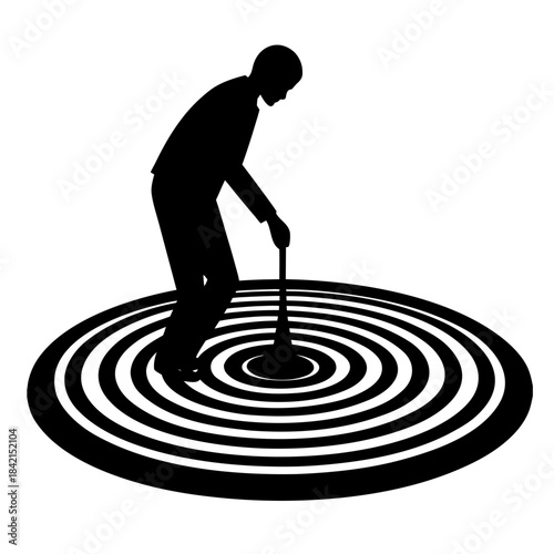 Person digging in a circular pattern on a flat surface during daytime in a simple graphic design