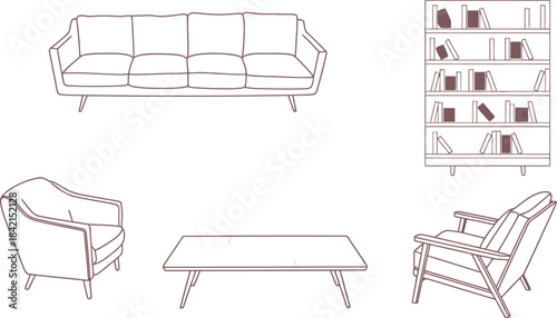 Modern living room furniture set with sofa, chair, table, and bookshelf illustrations CAD Architectural Drawings