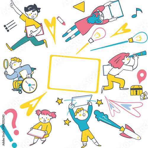 中央のコピースペースを囲む、タブレット端末を持って冒険や探究をする全学年の小学生男女と、車椅子の児童やロケットなどの未来的な学習イメージイラストセット
