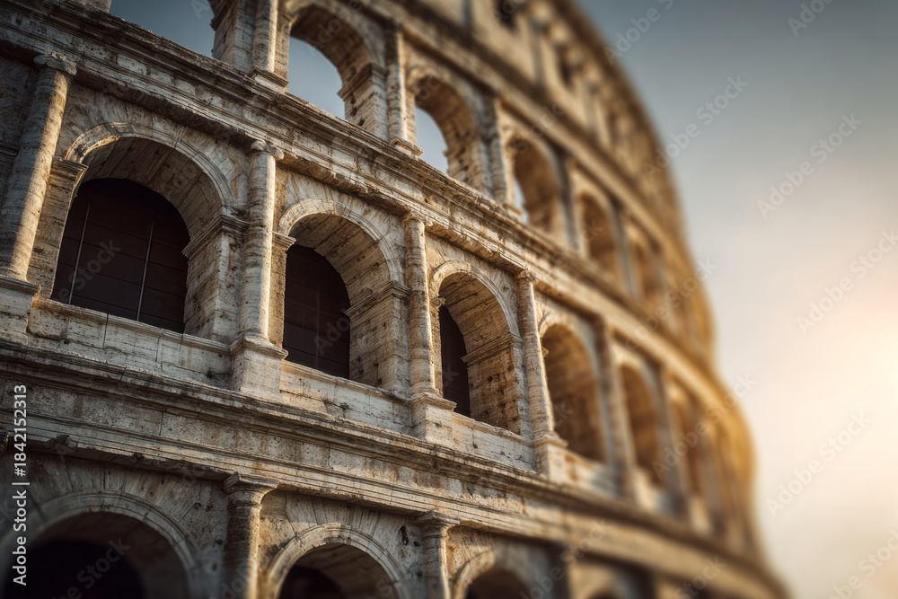 Fototapeta premium Ancient stone structure with arched openings against a soft sky.