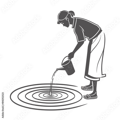Person pours water into a circular pattern while standing beside a pond during daylight hours in a natural setting