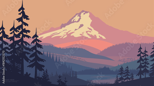 Majestic Mount Hood at Sunset Oregon Landscape Illustration