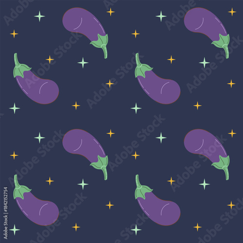 Seamless pattern with eggplant on dark background. Autumn and harvest concept. Flat style vector illustration.