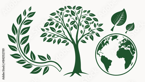 Earth Nature Care Icons Set – Eco Globe, Green Planet, Leaf Symbols, Environmental Conservation Vector Collection