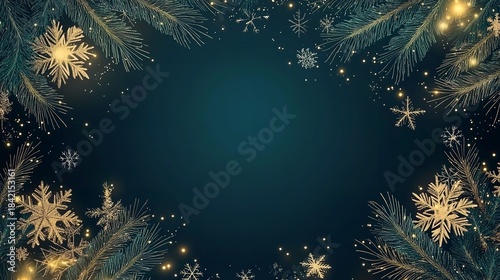 Festive Christmas Snowflakes and Pine Branches Border with Twinkling Lights, Generative AI.