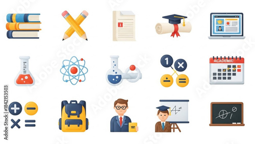 Education and Learning Icons: A collection of vibrant icons representing various aspects of education and learning. Includes books, pencils, documents, diploma, laptop, beakers, atom, calculations.