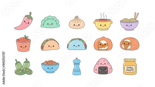 Cute Culinary Collection: A delightful ensemble of illustrated food icons, each radiating charm and personality, offering a lighthearted view of culinary creativity.