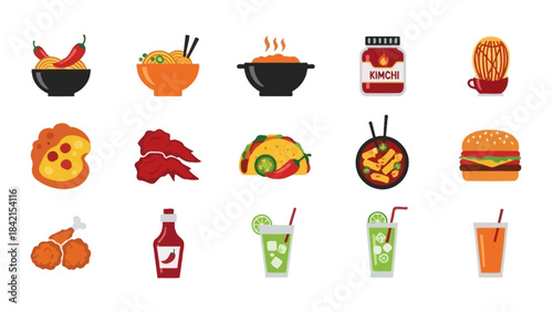 Culinary Delights: A vibrant array of enticing culinary icons beckons, showcasing diverse tastes. From steaming noodles to succulent tacos, refreshing drinks.
