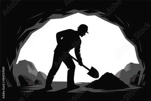 A hardworking miner actively shovels a mound of earth inside a dark cave entrance