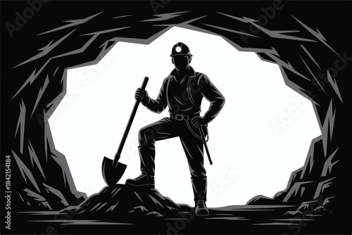 A dedicated miner stands ready with a shovel inside a cave entrance, prepared for exploration