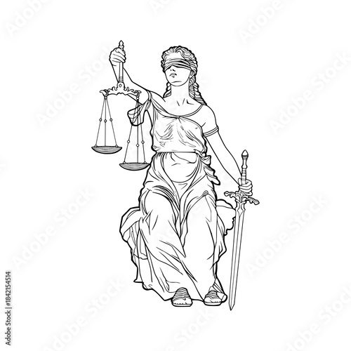 cartoon illustration of a man, old man with a sword, statue of justice with a book, statue of justice in black, statue of justice