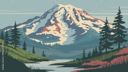 Majestic Mount Rainier Landscape with Scenic Lake and Forest View Illustration