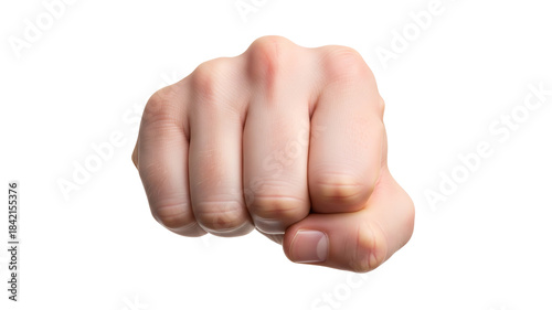 Close up of a human fist punching forward on a white background