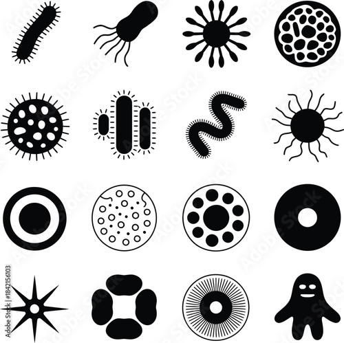 Black and white microorganism icons set