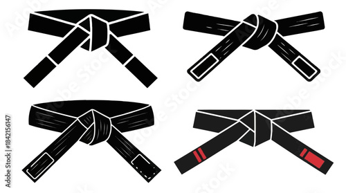 Four black belt knots in martial arts bjj, judo, karate, taekwondo styles comparison isolated on transparent background