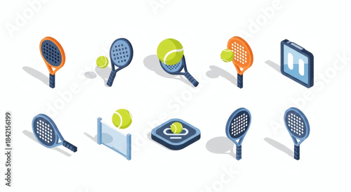 Isometric vector illustrations of padel and tennis sports equipment, featuring rackets, balls, net, and score displays in a modern graphic style.