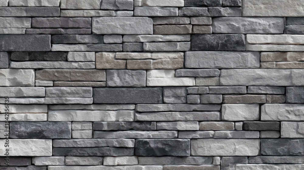 Fototapeta premium An array of rectangular stone tiles arranged in horizontal layers creates a textured surface with varying shades of gray