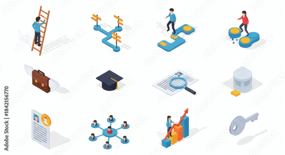 Fototapeta premium Dynamic Isometric Vector Icon Set for Business Growth, Career Development, Education, Strategy, and Success Concepts