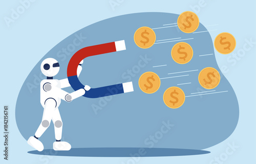 Robot holding a magnet. Concept of attracting investments. AI concept.