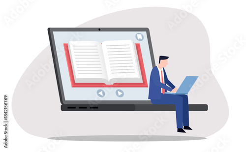 Digital learning/online reading. A man works on a laptop, while a large e-book displays on a bigger laptop screen, representing online reading, virtual book resources, and remote research.