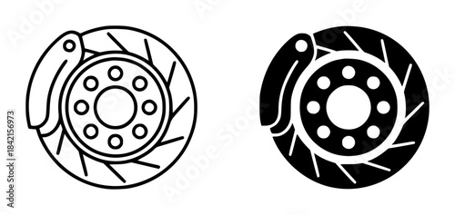 Black and white brake disc rotors with calipers line