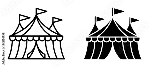 Black and white line and silhouette circus tents with flags