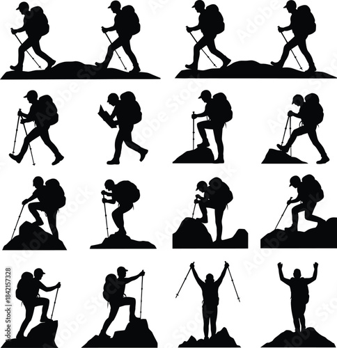 Set of hiking and trekking silhouettes poses