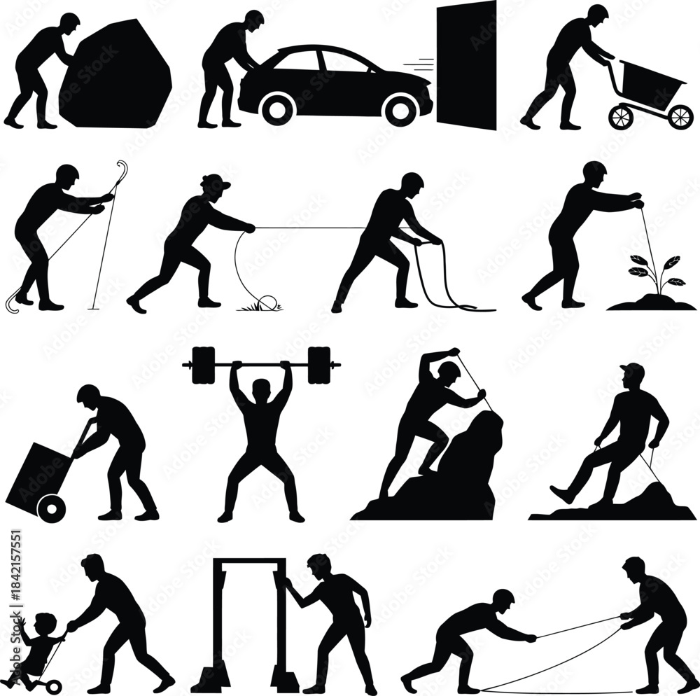 Fototapeta premium Collection of physical force silhouettes: push, pull, and lift actions