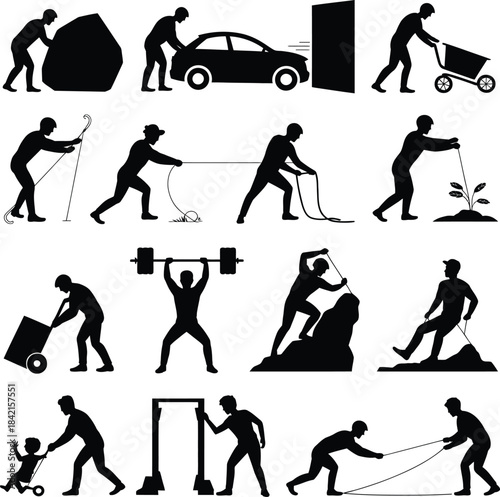 Collection of physical force silhouettes: push, pull, and lift actions