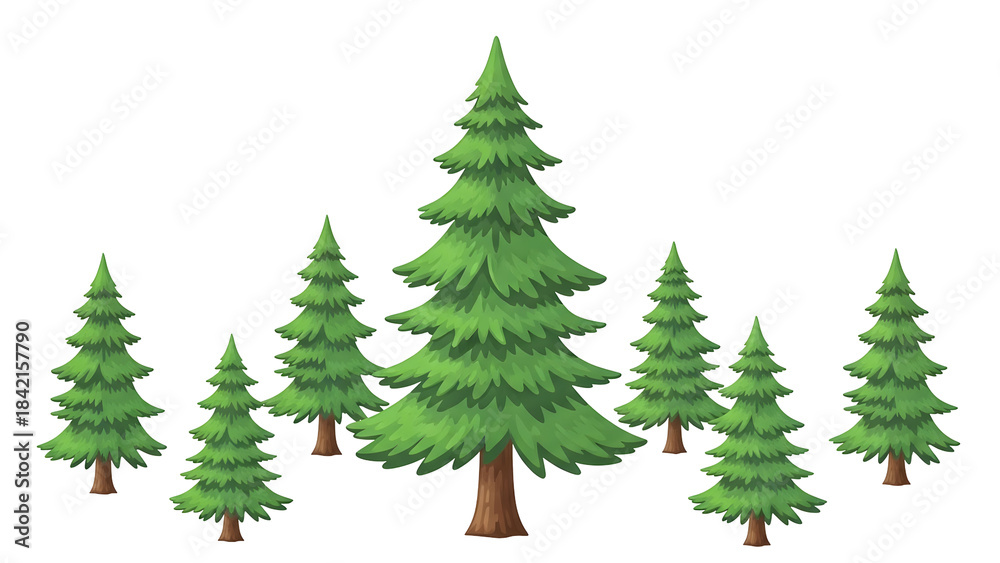 Obraz premium Stylized digital illustration of a group of evergreen trees on a black background