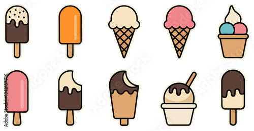 Colorful assortment of ice cream popsicles and cones with various flavors and toppings
