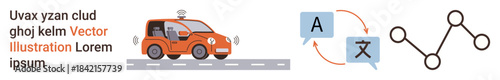 Artificial intelligence, self-driving cars, translation, connectivity, innovation, automation. A graphic of an autonomous vehicle, a language translation interface and a network icon. Self-driving