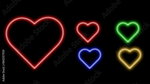 Neon heart suit icon. Glowing neon hearts sign, outline card suit symbol and silhouette