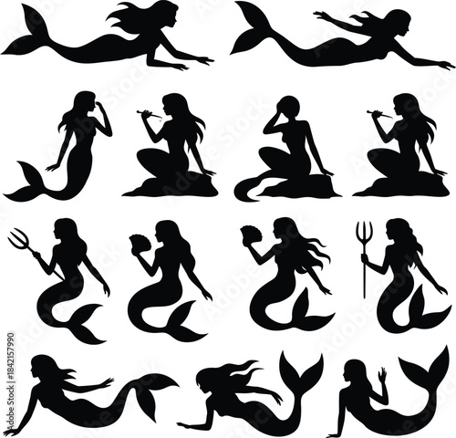 Set of mermaid silhouettes in various poses