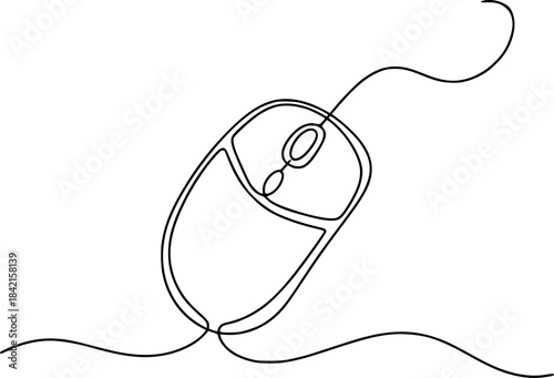 Minimalist black and white line of a computer mouse with wire cord