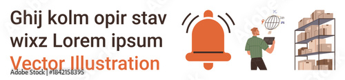 Inventory management, warehouse operations, digital communication, alert systems, logistics, supply chain. Worker checking inventory with digital device and alert symbol. Inventory management