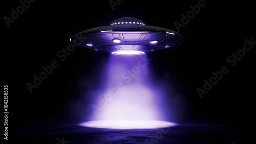Mysterious ufo hovering above ground releasing a glowing abduction beam in a dark night sky cinematic sci fi scene