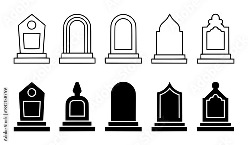 Ten black and white gravestone headstone outline in two rows gravestones headstones