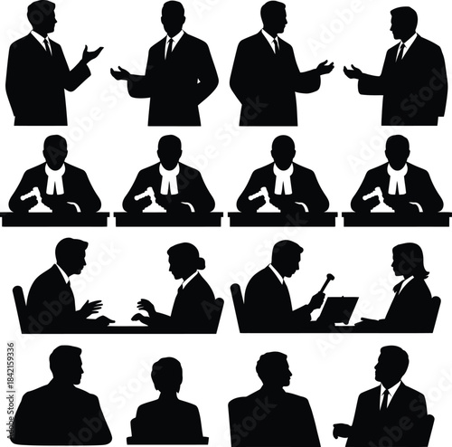 Legal professionals and business meeting silhouettes collection