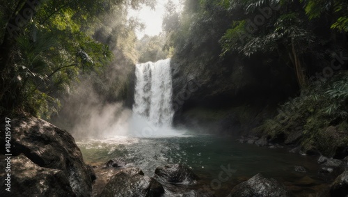 Majestic Waterfall Cascading into a Serene Pool in a Lush Green Forest.