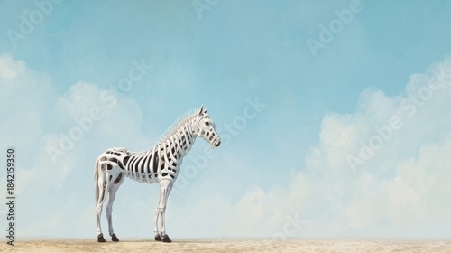 Surreal zebra skeleton standing against a clear sky with scattered clouds, flat desert ground,