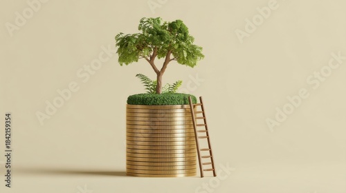 A lush green tree grows from a golden coin container symbolizing wealth and growth with a wooden ladder leaning against 