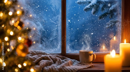 Cozy Christmas Window Scene With Snowing Outside Warm Candles And Festive Tree Lights