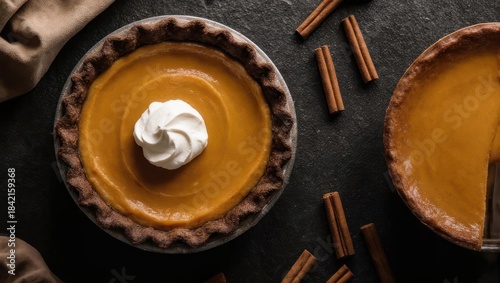 Delicious homemade pumpkin pie with whipped cream and cinnamon sticks, top view.
