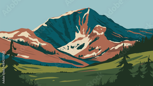 Majestic Mountain Range Landscape Vintage Travel Poster Illustration