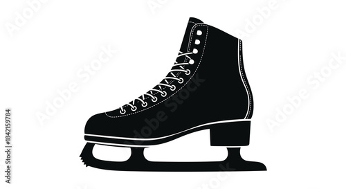 A detailed view of a single black ice skate showcasing its form and design silhouette