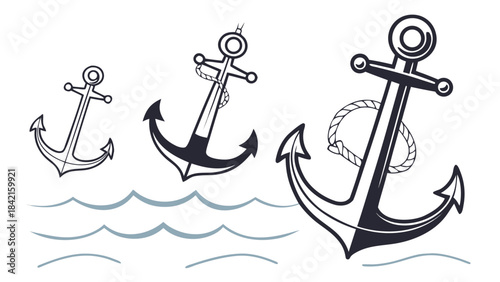 Anchor Icons Set – Nautical Sea Symbols, Marine Anchor Collection in Flat Minimal Style Vector