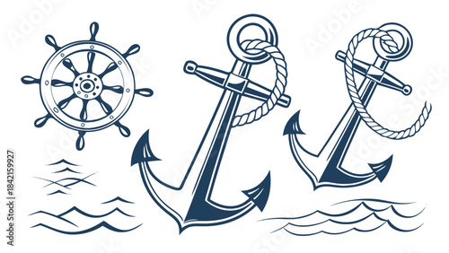 Anchor Icons Set – Nautical Sea Symbols, Marine Anchor Collection in Flat Minimal Style Vector