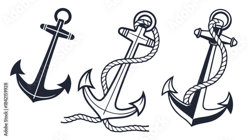Anchor Icons Set – Nautical Sea Symbols, Marine Anchor Collection in Flat Minimal Style Vector